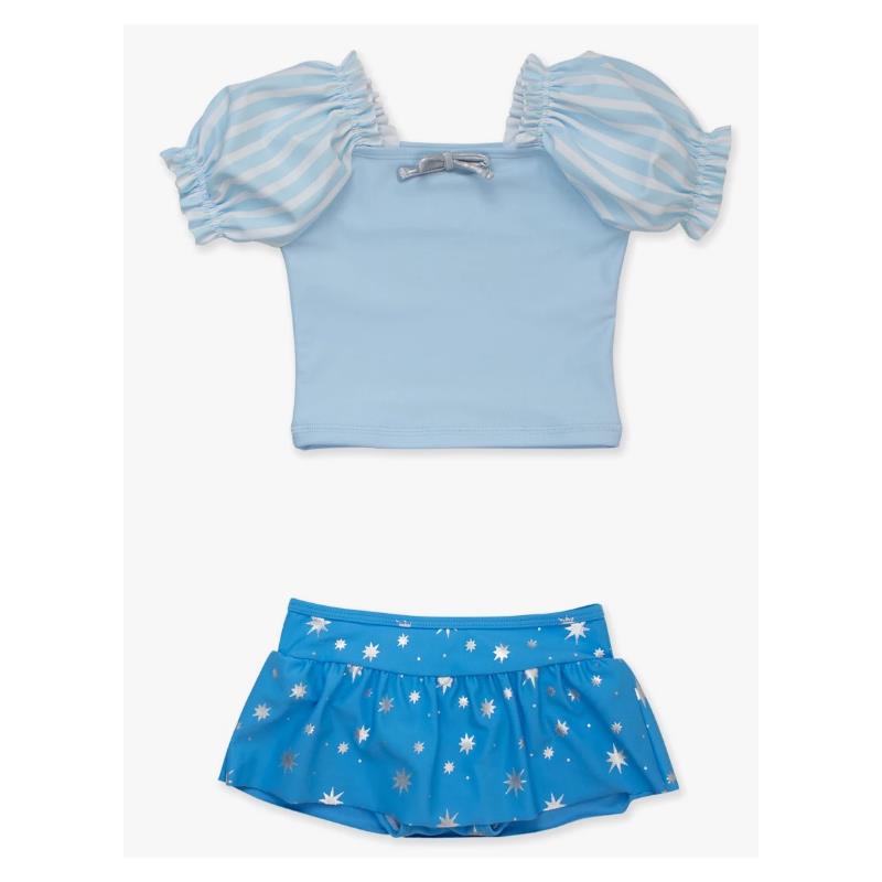 Rufflebutts - Baby Girl Blue Puffed Sleeve Skirted 2 Piece Swimsuit