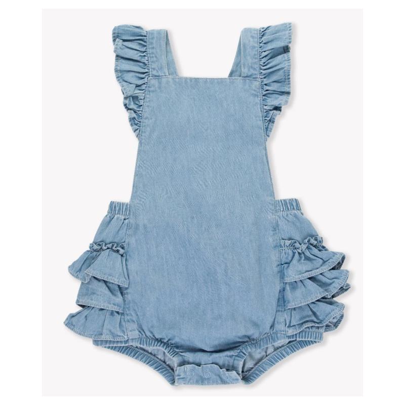 Rufflebutts - Baby Girl Light Wash Flutter Overall Rumper