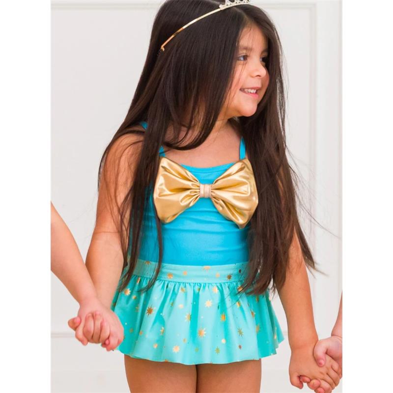 Rufflebutts - Baby Girl Teal Golde Princess Big Bow Skirted One Piece Swimsuit, 3/6M