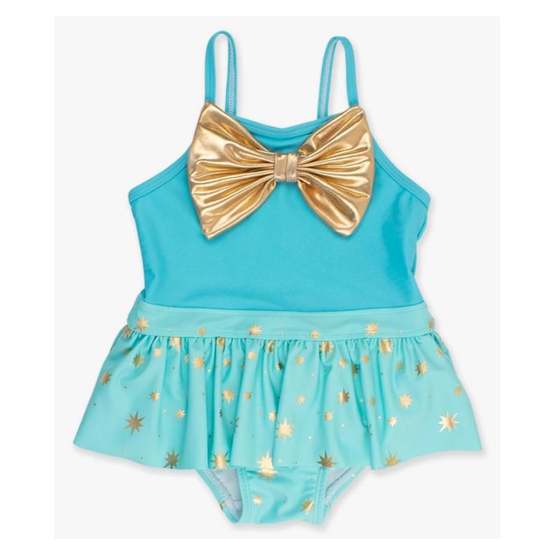 Rufflebutts - Baby Girl Teal Golde Princess Big Bow Skirted One Piece Swimsuit, 3/6M