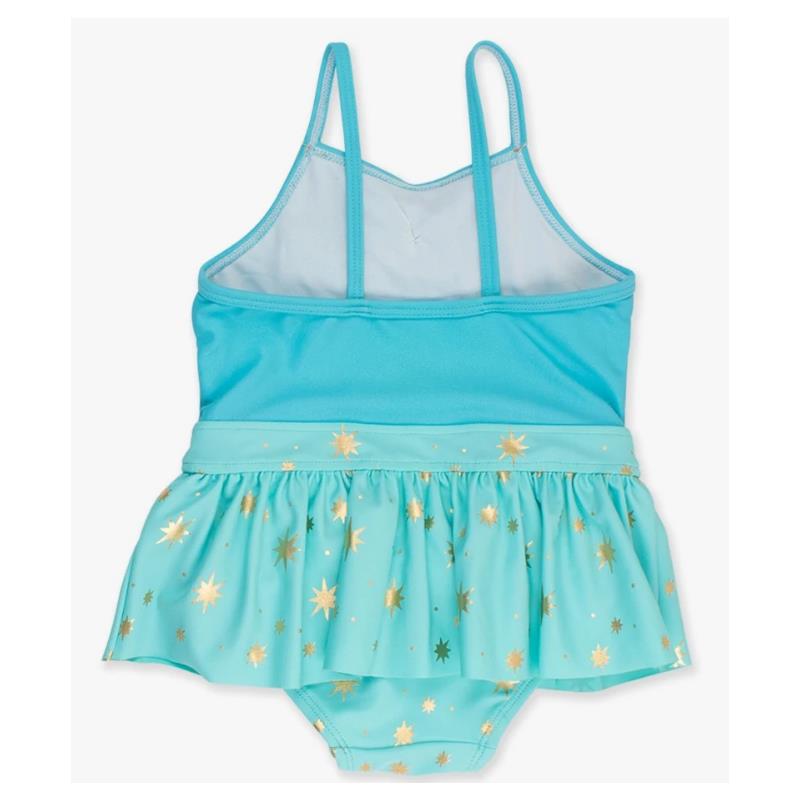 Rufflebutts - Baby Girl Teal Golde Princess Big Bow Skirted One Piece Swimsuit, 3/6M